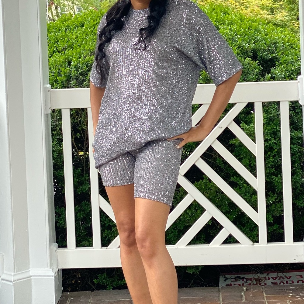 Silver sequin shirt and short set
